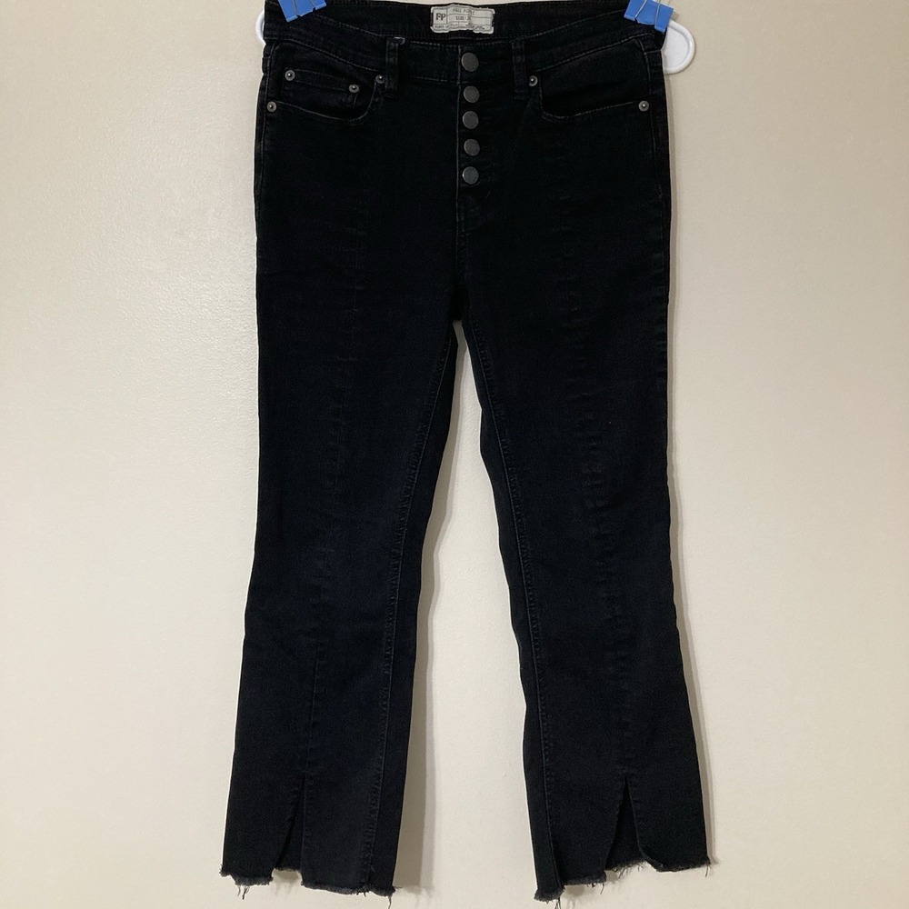 Free People Black Denim Distressed Five Button Fly Jeans 28 Stretch Leg Frayed